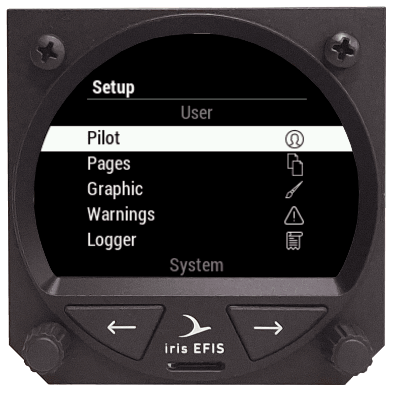 iris EFIS Setup page