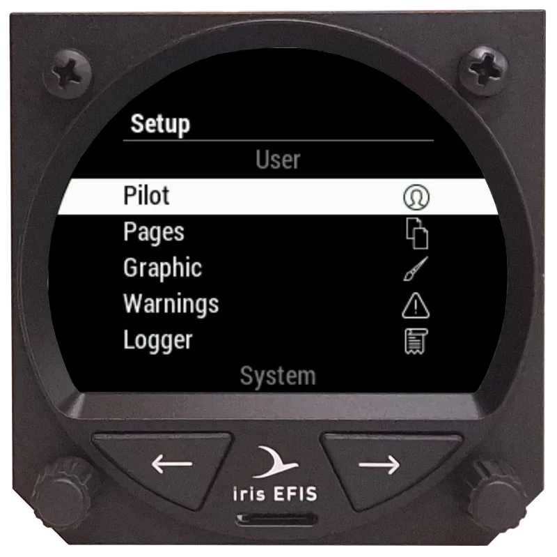 iris EFIS Setup page